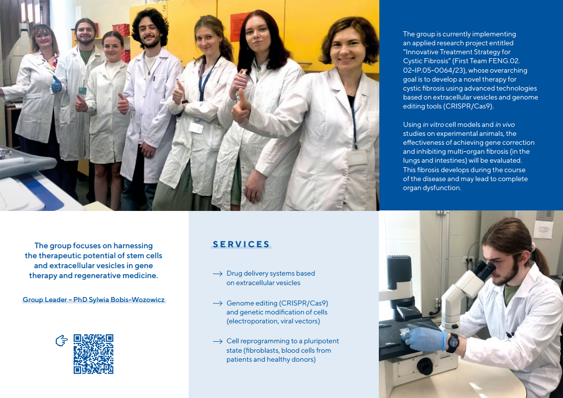A tri-fold brochure page showing members of a research team in white lab coats smiling and giving thumbs up in a laboratory hallway. A block of text explains that the group is implementing the project “Innovative Treatment Strategy for Cystic Fibrosis” using extracellular vesicles and CRISPR/Cas9 genome editing to develop novel therapies. Another photo shows a researcher using a microscope. Text on the left states the group focuses on harnessing the therapeutic potential of stem cells and extracellular vesicles in gene therapy and regenerative medicine. A list of services includes drug delivery using vesicles, genome editing, and cell reprogramming. A QR code links to more information.